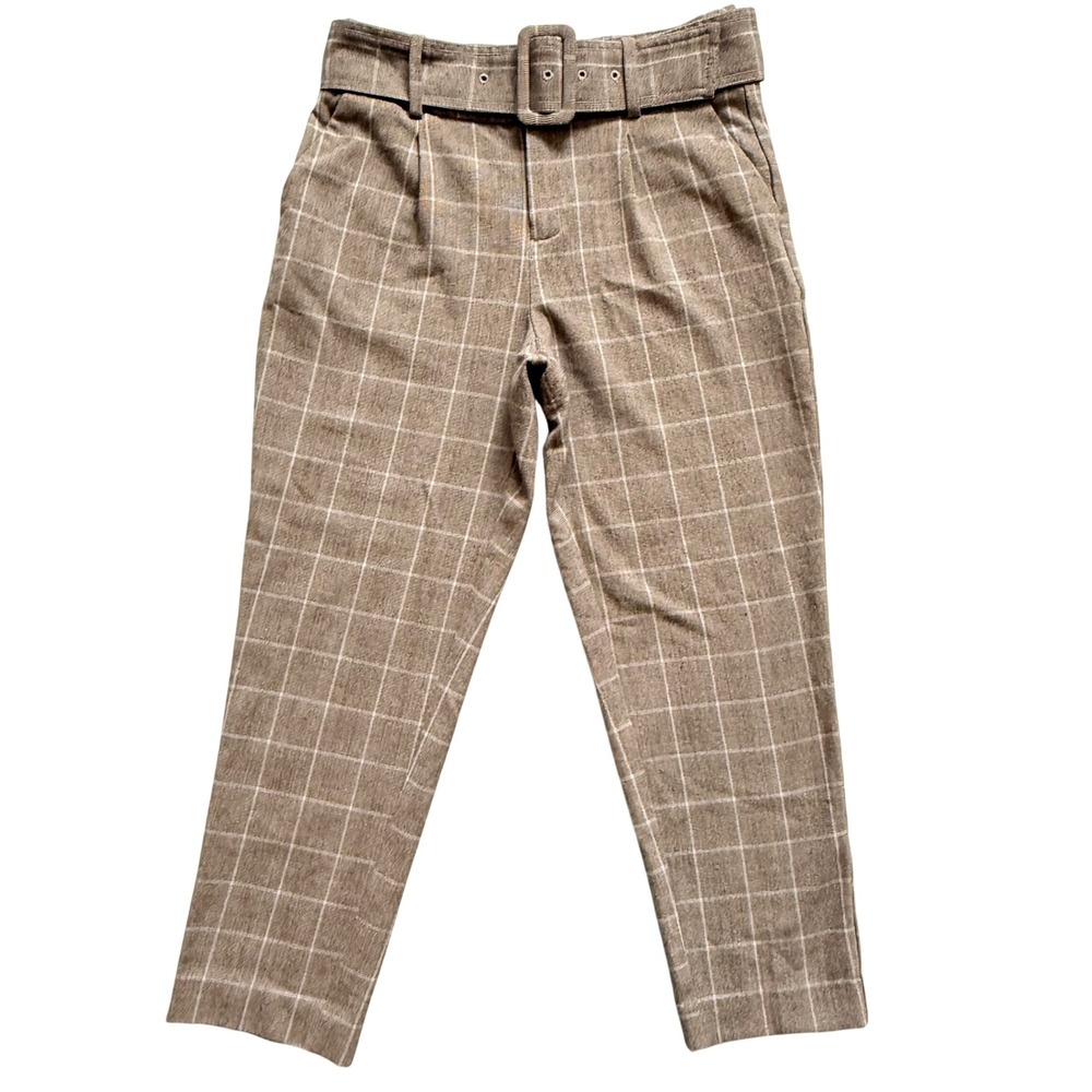 A New Day Brown Windowpane Plaid Belted High Rise Trousers Pants Office Preppy